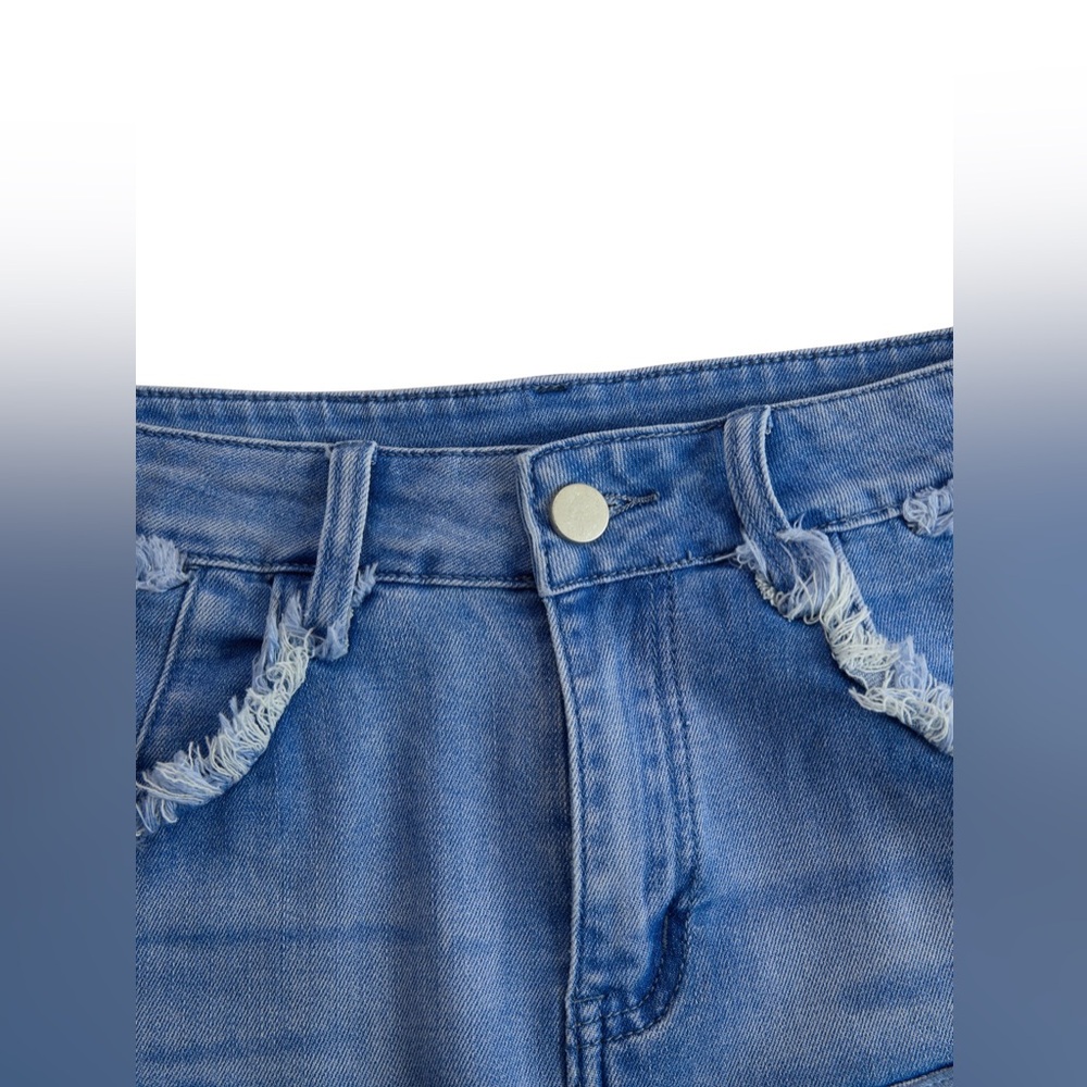 Oyrosy Vintage Washed Raw Edge Tassel Light Blue Denim Culottes NWT - Picture 6 of 15